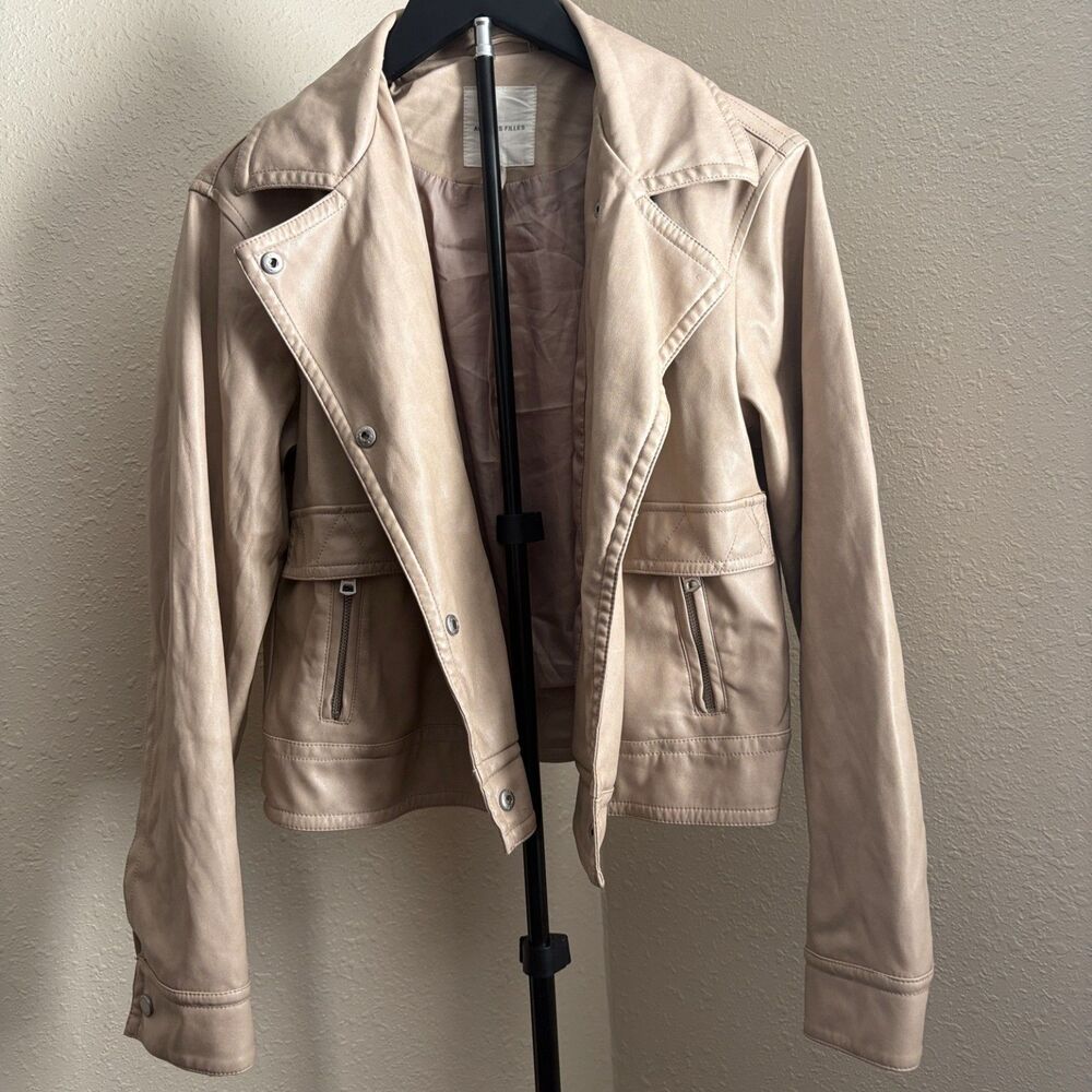 Beige Faux Leather Moto Jacket Snap Front